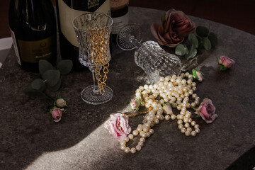 Elegant wedding accessories of the bride in the morning on the day of the celebration.