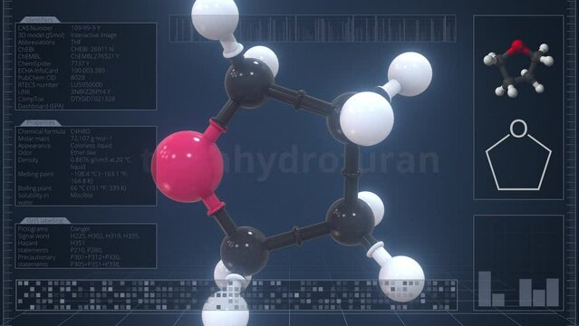Tetrahydrofuran molecule with description on the computer screen, loopable 3d animation