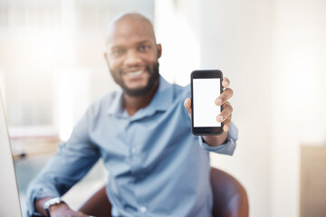 Let me get your details. Cropped portrait of a handsome young businessman holding his cellphone up to the camera while sitting in the office.