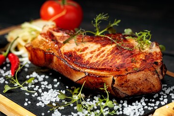Grilled meat on a stone board. Appetizing Pork steak with herbs and spices. Close-up Food still life