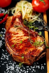 Grilled meat on a stone board. Appetizing Pork steak with herbs and spices. Close-up. Dark wooden background. Vertical shot. Copy space
