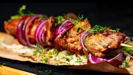 Food banner. Kebab. Appetizing grilled meat with vegetables and herbs with spicy sauce on a black wooden background. Soft focus