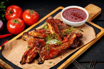 Delicious barbecued ribs seasoned with a spicy sauce. Copy space