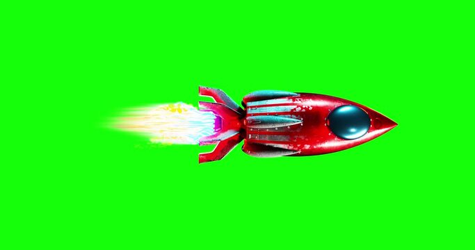 The red rocket is going through space in a looped 3D rendering animation created in 3d rendering. isolated on green screen background with a luma matte in the end section.