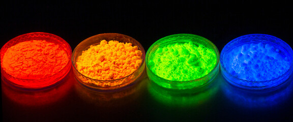 Fluorescent organic materials powder of red, yellow, green color for production OLED inside of...
