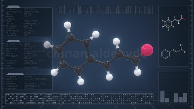 Cinnamaldehyde molecule with description on the computer screen, loopable 3d animation