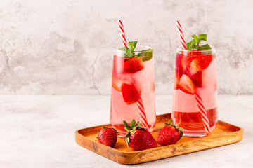 Fresh healthy iced strawberry lemonade with mint