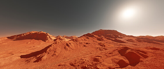 Fototapeta na wymiar Mars planet landscape, 3d render of imaginary mars planet terrain, orange eroded desert with mountains and sun, realistic science fiction illustration.