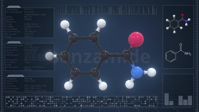 Molecule of benzamide with infographics on the computer monitor, loopable 3d animation
