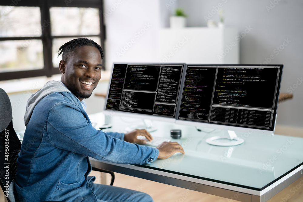 Poster Computer Programmer Writing Program Code On Computer