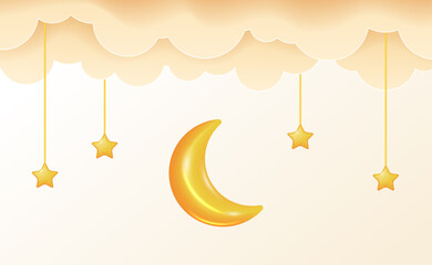 Sweet dream lullaby 3d yellow moon and star with cloud. good night baby shower illustration concept.