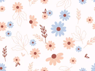 Tapeten Pastell Nahtloses Muster mit Frühlingsblume und Zweigen auf pastellfarbenem Hintergrundvektor.