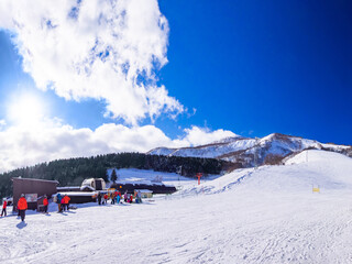 People gathering at the foot of ski resort (Niseko, Hokkaido, Japan)