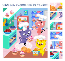 Naklejka premium Find all fragments. Game for children. Cute kittens are cooking in kitchen. Cute cartoon character. Vector illustration.
