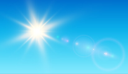 Sun with lens flare and blue sky, vector sunny background.