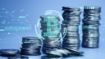 bitcoin digital money computer graphic background. stop motion coin stack increase.