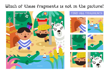 Funny Indian boy play with alpaca. Find all fragments. Game for children. Cartoon character vector illustration.