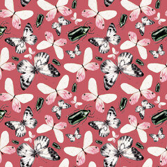 Watercolor seamless pattern with butterflies and beetles on a red background