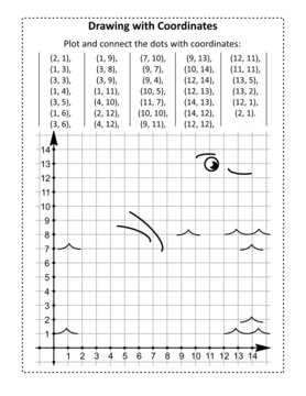 Coordinate graphing, or drawing by coordinates, math worksheet with swan: Reveal the mystery picture by plotting and connecting the dots with given coordinates.