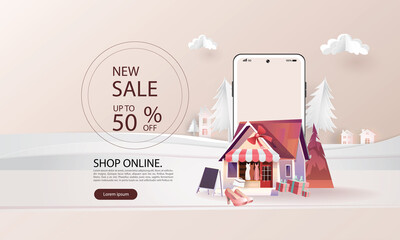 paper art shopping online on smartphone and new buy sale promotion pink backgroud for banner market ecommerce women concept.
