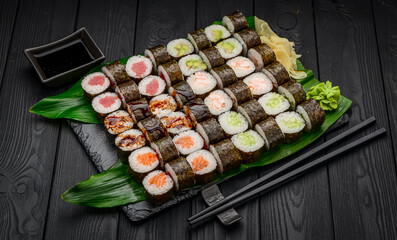 Sushi set. Philadelphia roll, california, unagi, black dragon with fresh ingredients