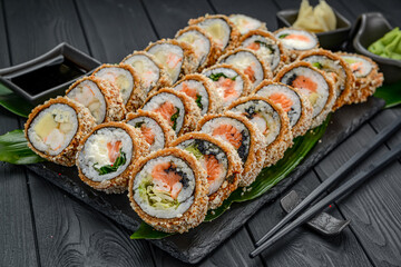 Set of hot sushi rolls in tempura.