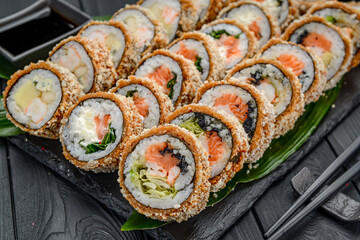 Set of hot sushi rolls in tempura.