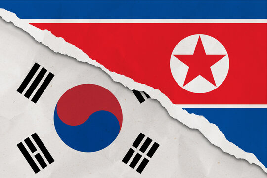 South Korea and North Korea flag ripped paper grunge background. Abstract South Korea and North Korea economics, politics conflicts, war concept texture background