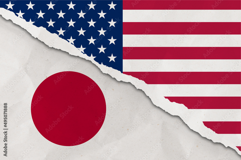 Wall mural United States and Japan flag ripped paper grunge background. Abstract United States and Japan economics, politics conflicts, war concept texture background