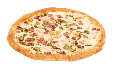 Pizza with sausage and cucumbers on a white background. Close-up