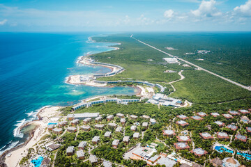 Aerial view of the Coba beach in Quintana Roo, Mexico. Caribbean Sea, coral reef, top view. Beautiful tropical paradise beach