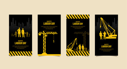 International Labour day design Stories Collection. Labour day template stories suitable for promotion, marketing etc. International Labour day background with silhouette of tower crane