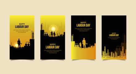 Happy Labour Day Vector with silhouette of workers and factory. International Labour day design Stories Collection. Labour day template stories suitable for promotion, marketing etc. - obrazy, fototapety, plakaty