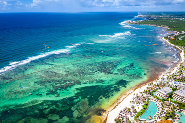 Aerial view of the Akumal Bay in Quintana Roo, Mexico. Caribbean Sea, coral reef, top view. Beautiful tropical paradise beach