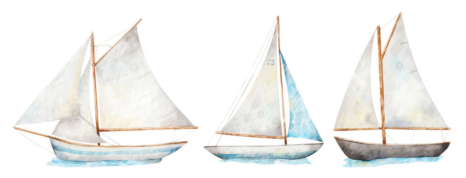 Watercolor illustrations of three sailboats. Set of hand-drawn ships