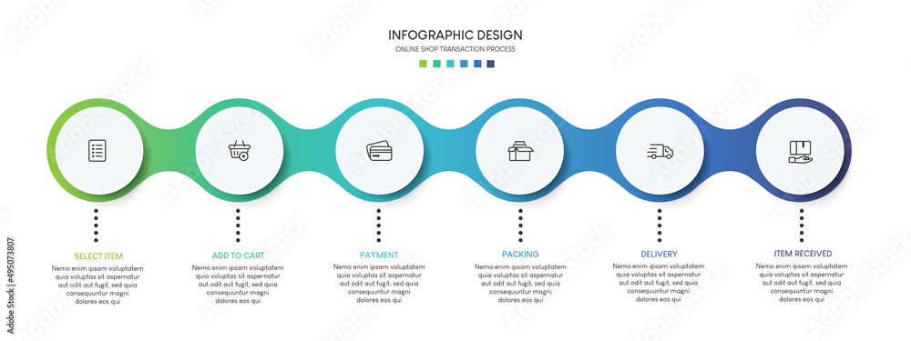 Poster process of online shopping with 6 steps. steps business timeline process infographic template