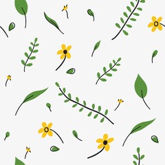 Cute spring seamless pattern with yellow flowers and yellow leaves. Vintage flat design. Template for prints on fabric, web pages, wedding invitations, cards. Boho bright herb background.