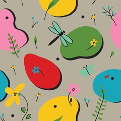 Cute spring seamless easter pattern with flowers, leaves, animals. Vintage flat design. Template for prints on fabric, web pages, wedding invitations, cards. Boho bright herb background.