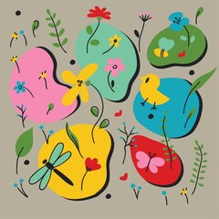 Obraz premium Set of early spring elements isolated. Bright spring doodles for Easter. Cute flat design in bright colors for stickers, labels, tags, gift wrapping, boxes