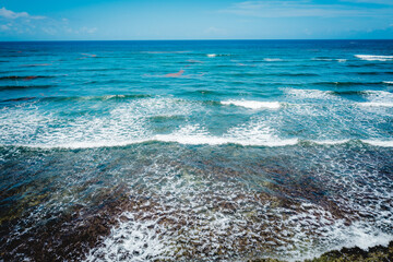 Aerial view of the Coba beach in Quintana Roo, Mexico. Caribbean Sea, coral reef, top view. Beautiful tropical paradise beach