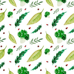 Colorful kitchen seamless pattern with green ingredients, broccoli , bay leaf, pepper, rosemary on a white background