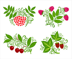 Set of decorative painted summer berries, branches and leaves. Pictures of hand drawn raspberry, strawberry, cherry, ash. Vector illustration isolated on white background.