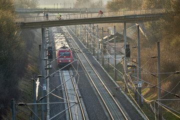 Naklejka premium electric highspeed train passing the rapid railway transit route between Stuttgart and Mannheim, Baden-Wuerttemberg, Germany
