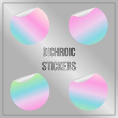 Set of round dichroic multicolored stickers with folded edges. Paper circles of the bright iridescent gradient. Blank templates. Empty mockup of tags with realistic textures.