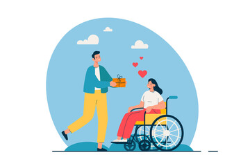 Fototapeta na wymiar Happy man giving present to a woman in a wheelchair. People with disabilities in a relationships. Ssupport, inclusion and diversity concept. Modern flat vector illustration
