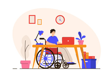 Man in wheelchair working on laptop in home office. Support, diversity, inclusion and disability concept. Modern flat vector illustration