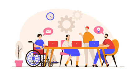 Man in wheelchair working on laptop in office. Business team. Support, diversity, inclusion and disability concept. Modern flat vector illustration