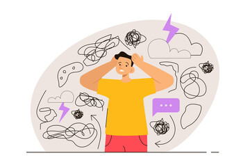 Nervous man touching head surrounded by problems and anxiety thoughts. Phobia, psychological problem and mental health concept. Modern flat vector illustration