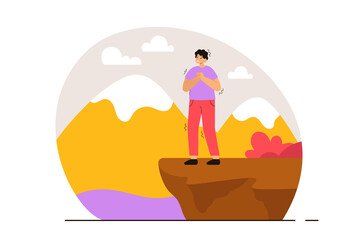 Scared man with acrophobia standing at the edge of a mountain. Phobia, psychological problem, anxiety and mental health concept. Modern flat vector illustration