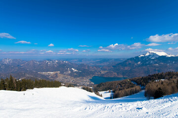 Panorama view of the mountains ski area and Wolfgangsee lake. View from the viewing platform on the Zw&ouml;lferhorn mountain in St. Gilgen, Salzkammergut Upper Austria